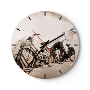 Falióra, Óra - Retro stílusú biciklik a falnak dőlve - 30x30cm - A múlt felejthetetlen varázsa - Modern fali dekoráció nappalihoz, konyhához és hálószobához ARTTOR