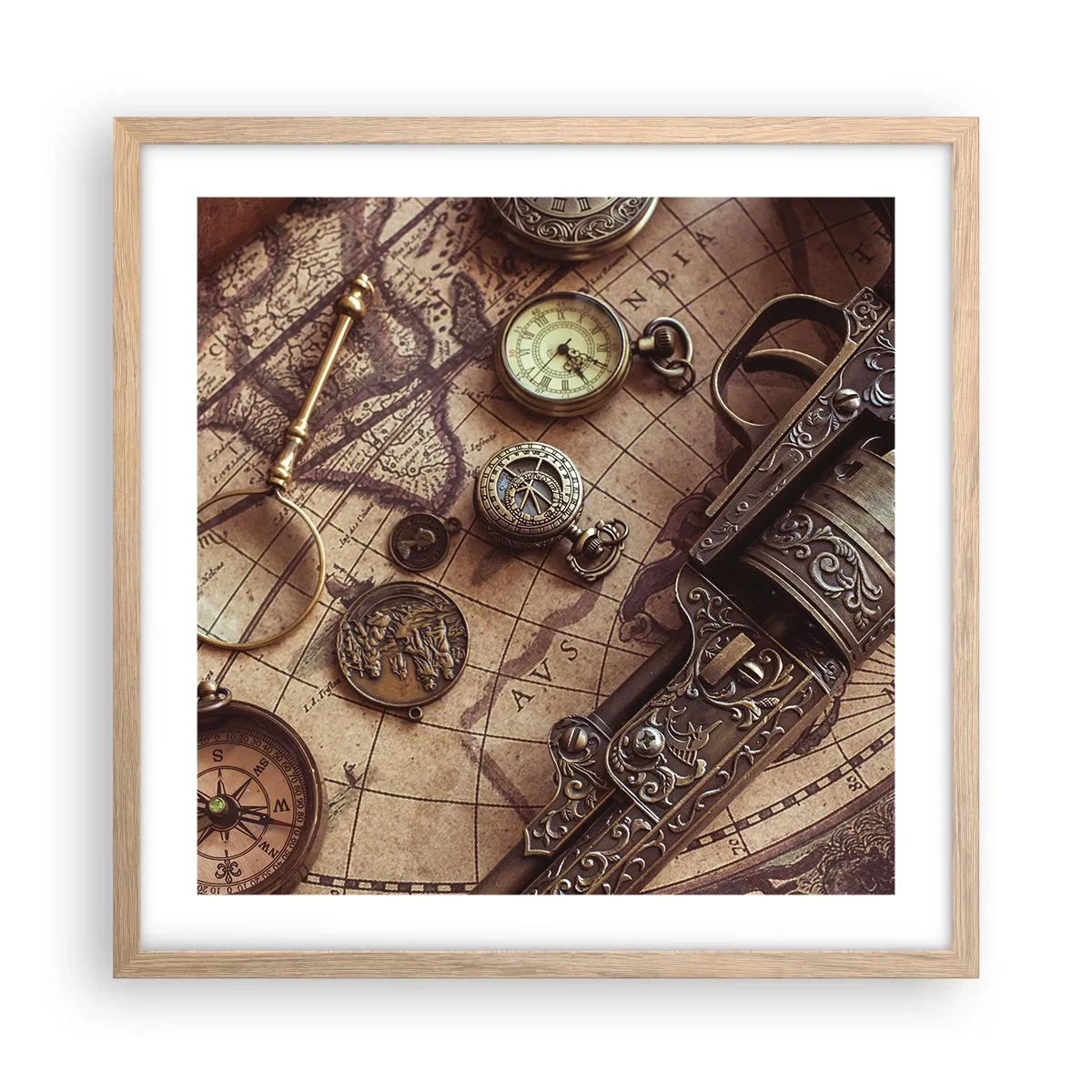 Poszter világos tölgy keretben - Hív a kaland  - 50x50 cm