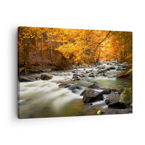 Vászonkép - Egy patak egy őszi erdőben, aranyló levelekkel körülvéve - 70x50cm - Egy patak az aranyerdőben - Modern fali dekoráció nappalihoz és hálószobához ARTTOR