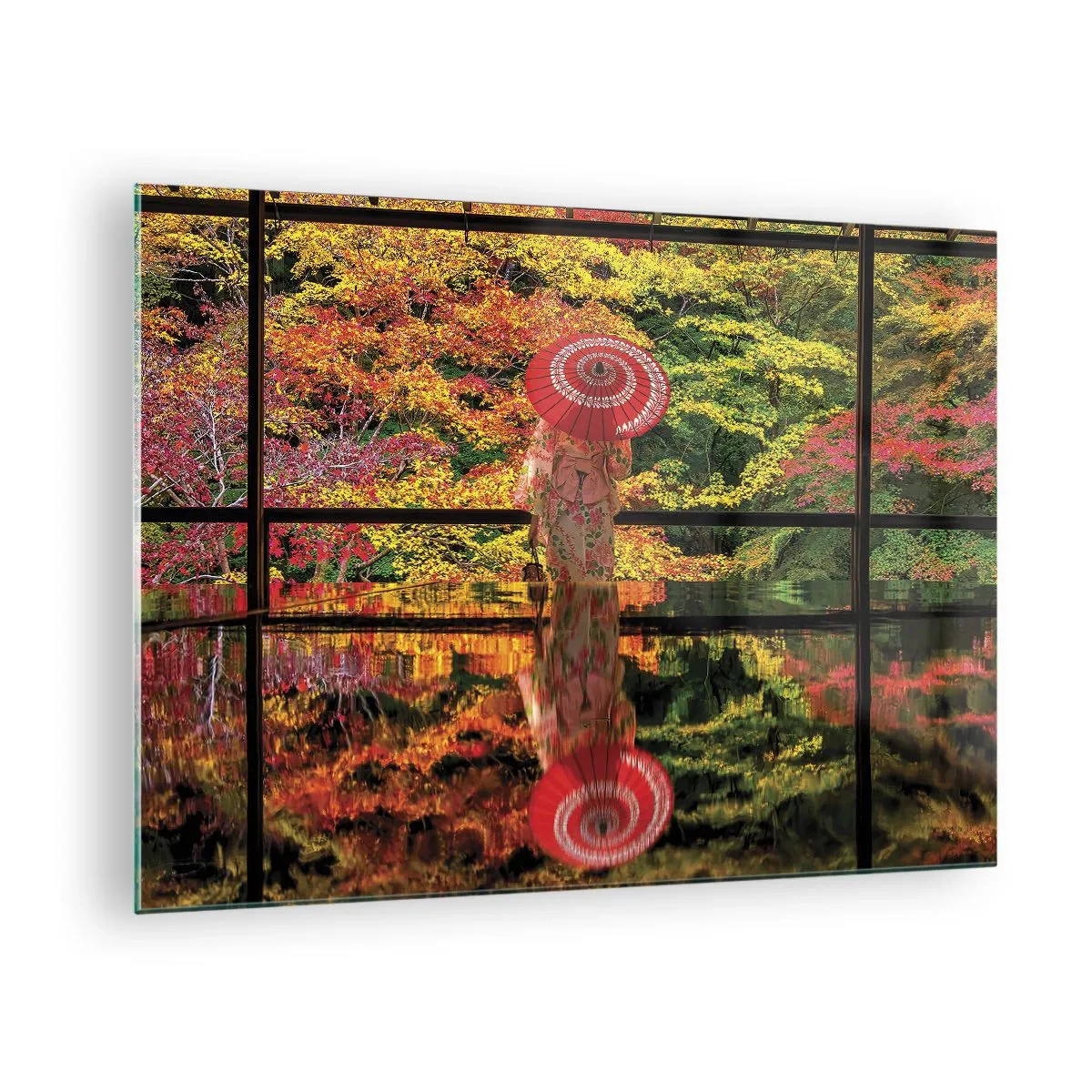 Üveg kép - Egy kimonós nő esernyővel az őszi táj előtt, tükröződik a vízben. - 70x50cm - A természet templomában - Modern fali dekoráció nappalihoz és hálószobához ARTTOR
