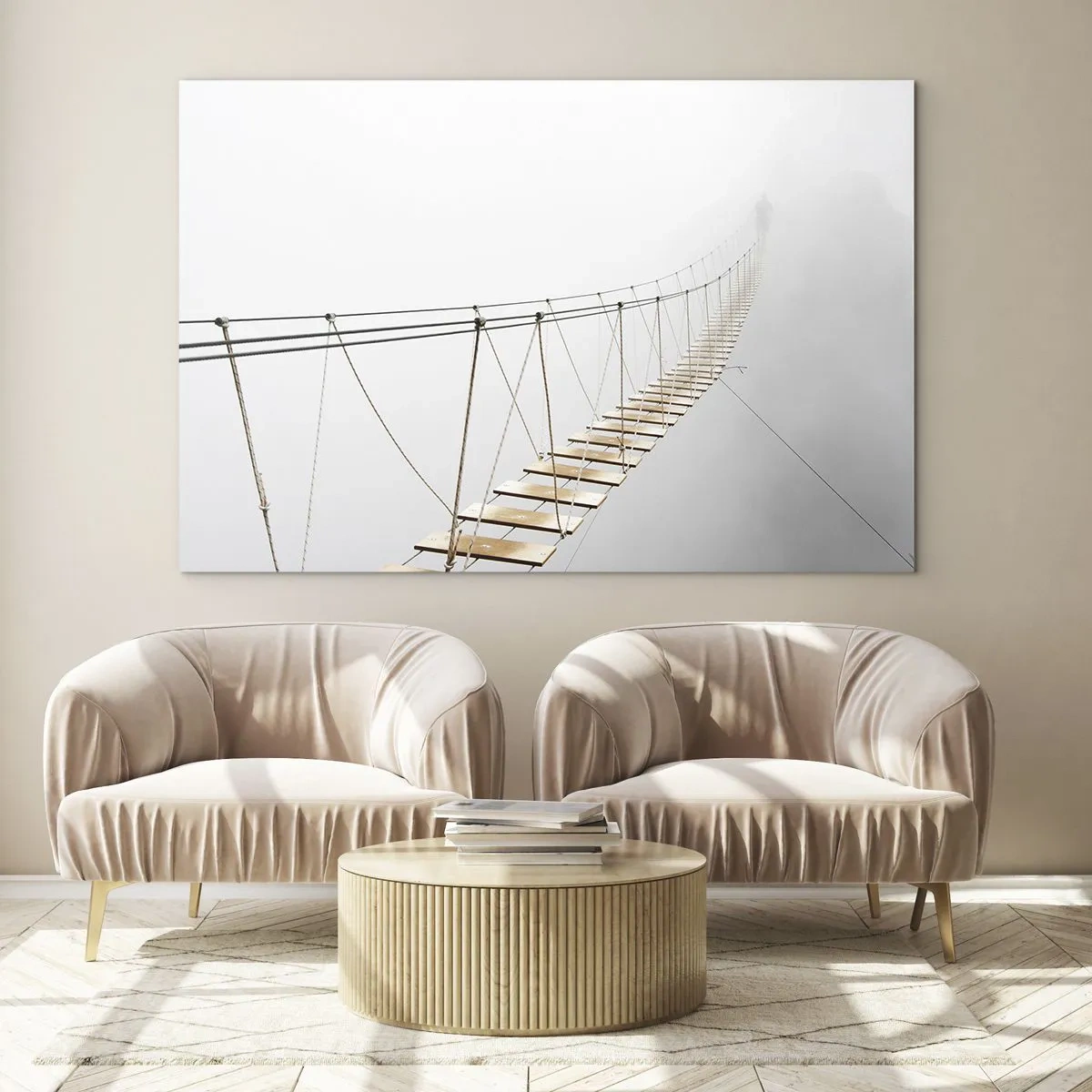 Üveg kép - Egy függőhíd a ködben, amely az ismeretlenbe vezet - 70x50cm - Hová vezet? - Modern fali dekoráció nappalihoz és hálószobához ARTTOR