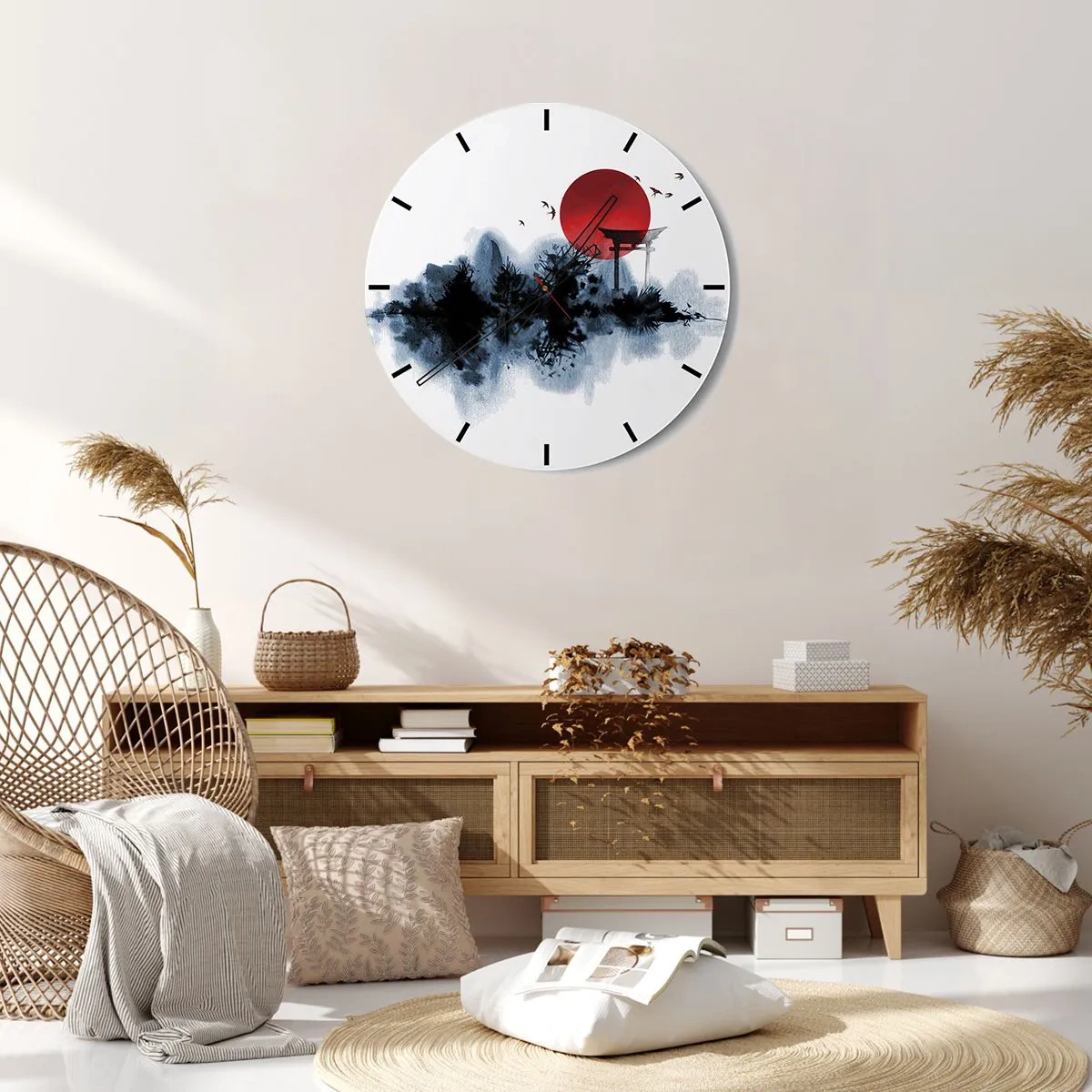 Falióra, Óra - Egy vörös napgömb és egy japán stílusú torii kapu a víz felett - 30x30cm - Japán kilátás - Modern fali dekoráció nappalihoz, konyhához és hálószobához ARTTOR