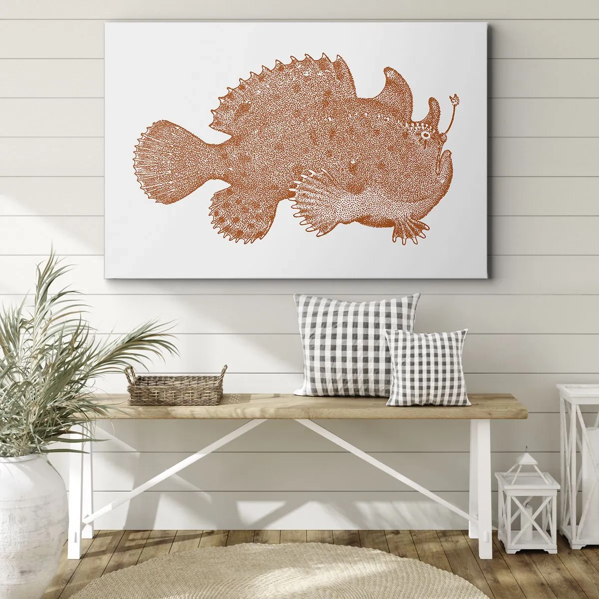 Vászonkép - Rézszínű hal részletes rajza fehér alapon - 70x50cm - Mégiscsak egy hal - Modern fali dekoráció nappalihoz és hálószobához ARTTOR