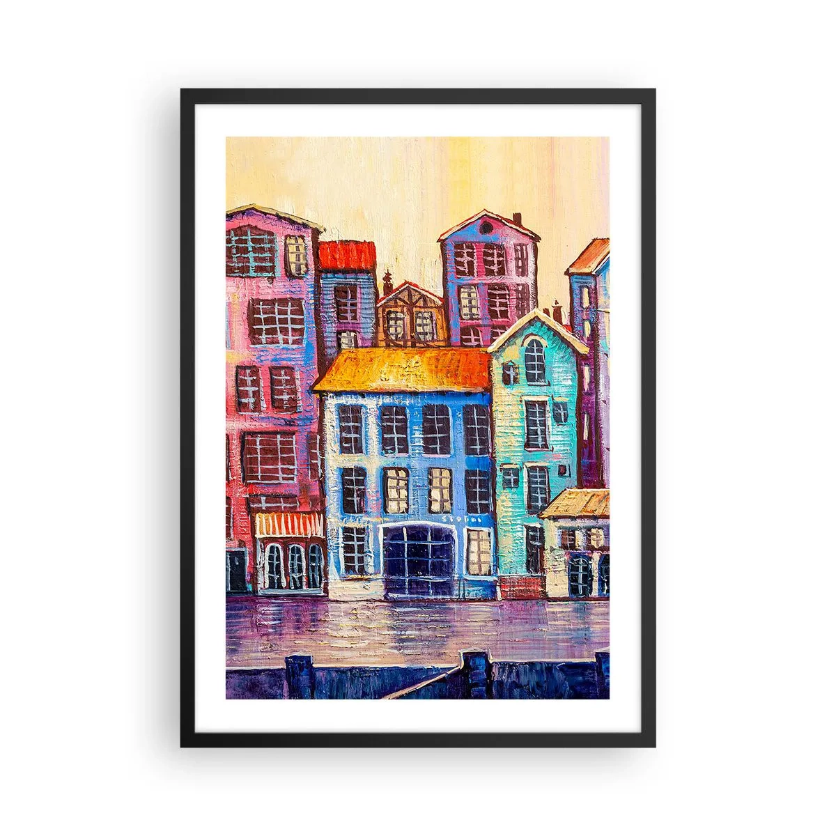 Poszter fehér keretben - Színes bérházak a vízparton festői stílusban - 50x70cm - Egy város, mint egy tündérmese - Modern fali dekoráció nappalihoz és hálószobához ARTTOR