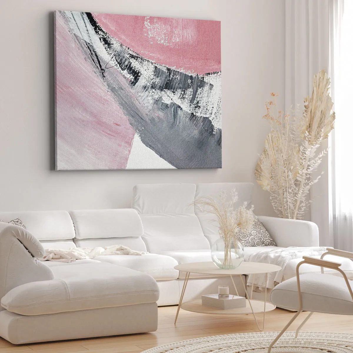 Vászonkép - Egy absztrakt kompozíció rózsaszín és szürke árnyalatokban. - 70x50cm - Hozzáillő kompozíció - Modern fali dekoráció nappalihoz és hálószobához ARTTOR
