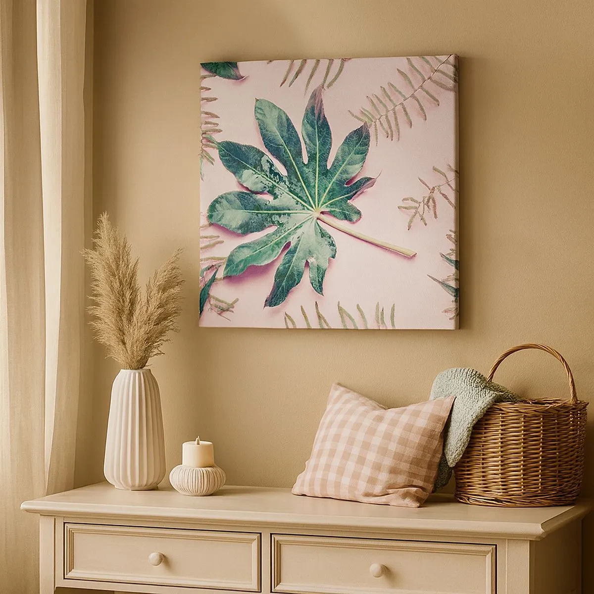 Vászonkép - A zöld tanulmánya a rózsaszín háttérben - 30x30 cm