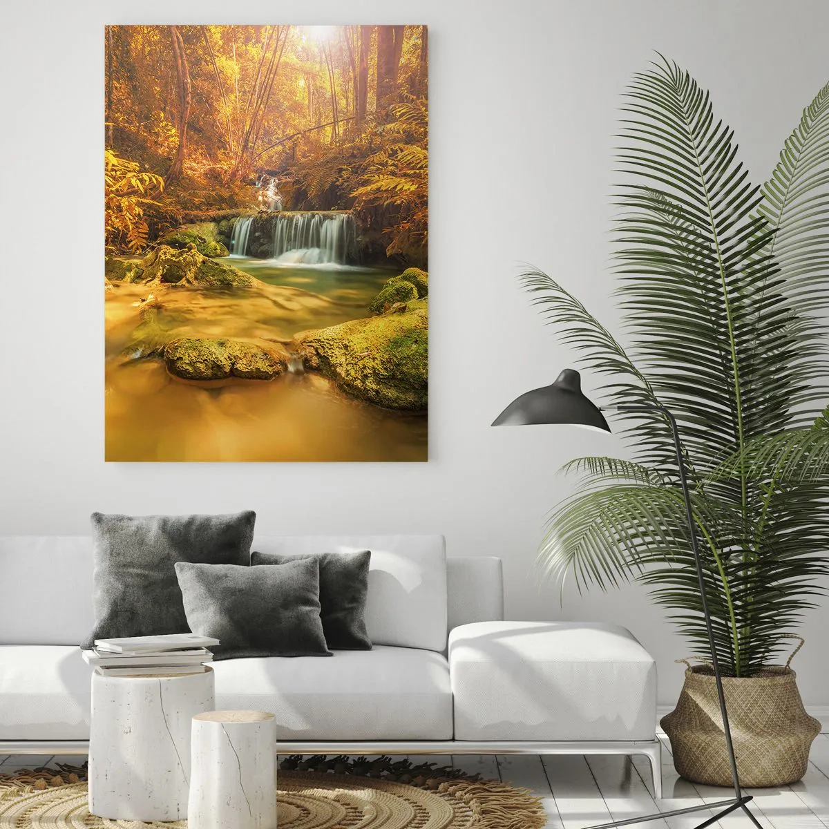 Üveg kép - Erdei vízesés aranyban - 70x100 cm