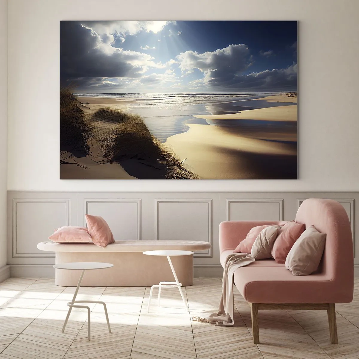 Üveg kép - Egy vad strand, melyet a felhők alól beszűrődő napsugarak világítanak meg - 70x50cm - Tengerpart, vad tengerpart - Modern fali dekoráció nappalihoz és hálószobához ARTTOR