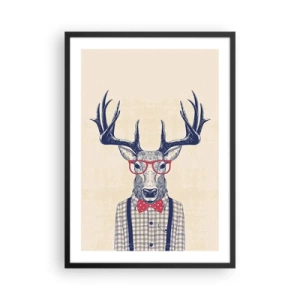 Poszter fehér keretben - Stílusos szarvas szemüveggel és csokornyakkendővel bézs alapon - 50x70cm - Mókás extravagancia - Modern fali dekoráció nappalihoz és hálószobához ARTTOR