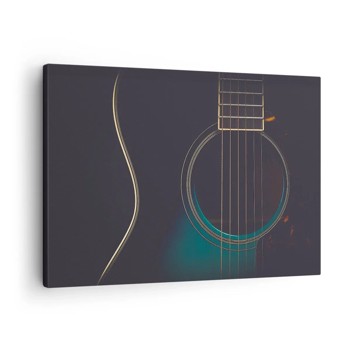 Vászonkép - Akusztikus gitár sötét, elegáns fényben - 70x50cm - Egy pillanat, mielőtt megszólal - Modern fali dekoráció nappalihoz és hálószobához ARTTOR