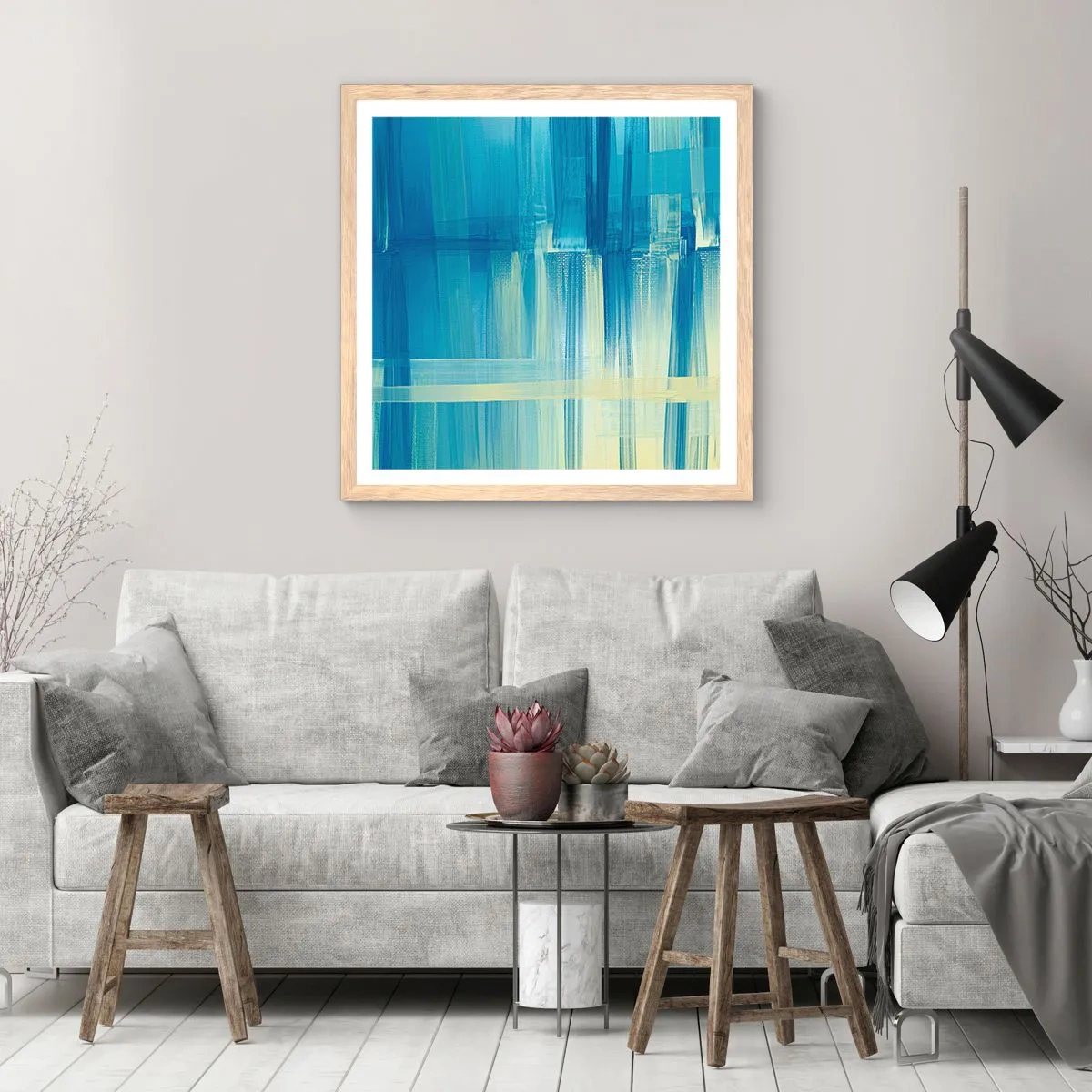 Poszter világos tölgy keretben - Kompozíció türkizkékben - 60x60 cm