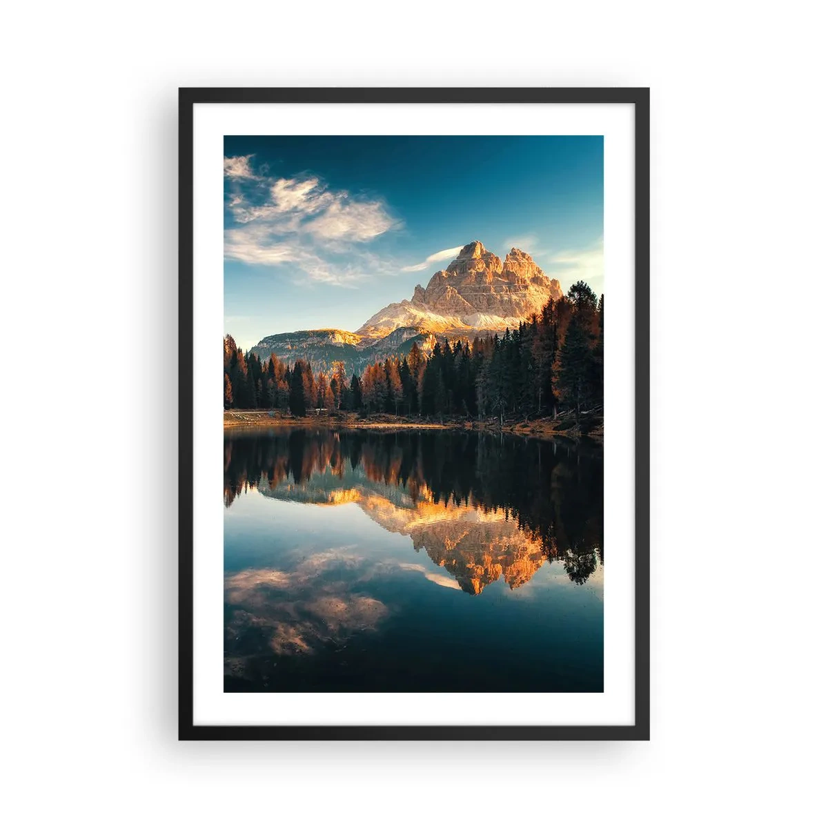 Poszter fehér keretben - Egy hegycsúcs tükröződik egy nyugodt tóban - 50x70cm - Dupla tájkép - Modern fali dekoráció nappalihoz és hálószobához ARTTOR