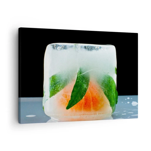 Vászonkép - Jégkocka naranccsal és levelekkel - 70x50cm - Friss és hűvös - Modern fali dekoráció nappalihoz és hálószobához ARTTOR