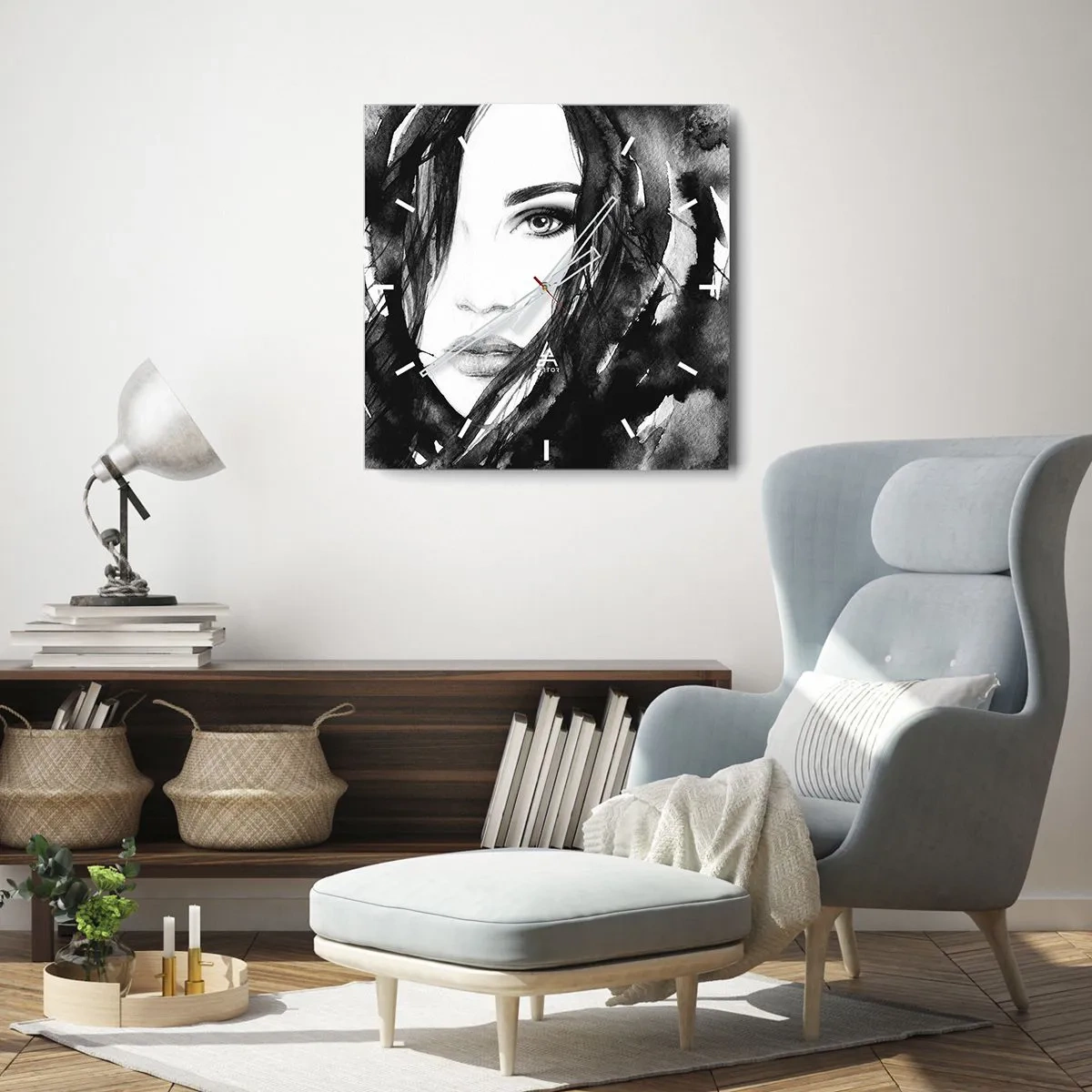 Falióra, Óra - Fekete-fehér hölgy portréja - 40x40 cm