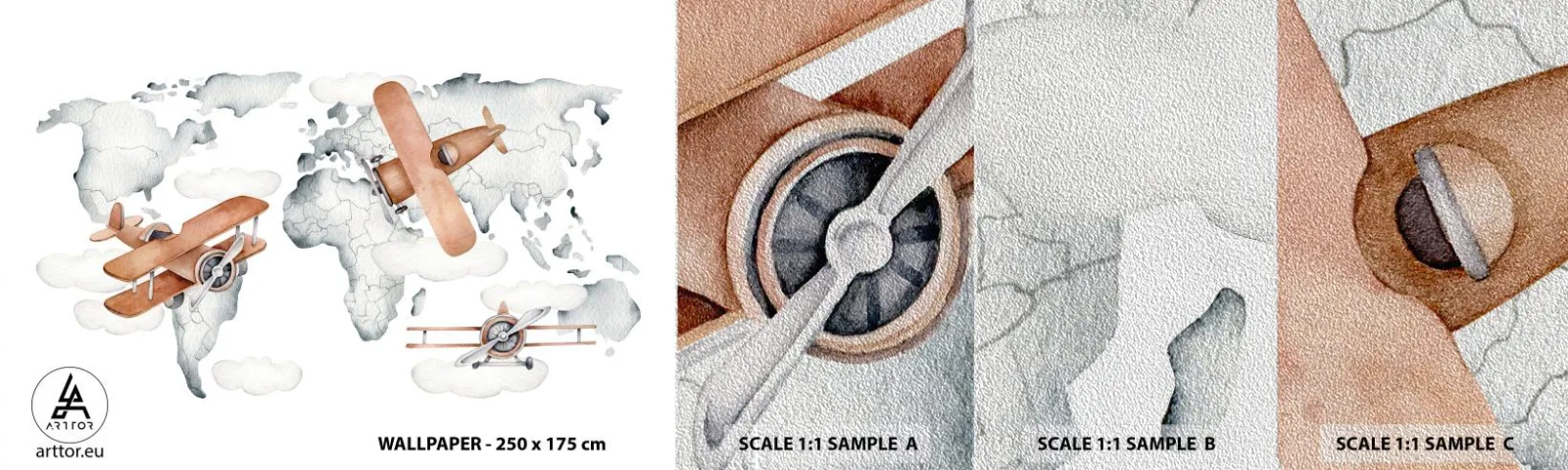 Fotótapéta Minta Premium Sand - Úttörő szellemben - Világtérkép, Repülőgépek, Gyermekek - 100x30 cm