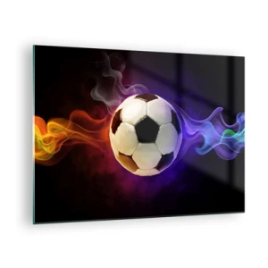 Üveg kép - Egy színes csíkokkal körülvett futball-labda - 70x50cm - A játék varázsereje - Modern fali dekoráció nappalihoz és hálószobához ARTTOR