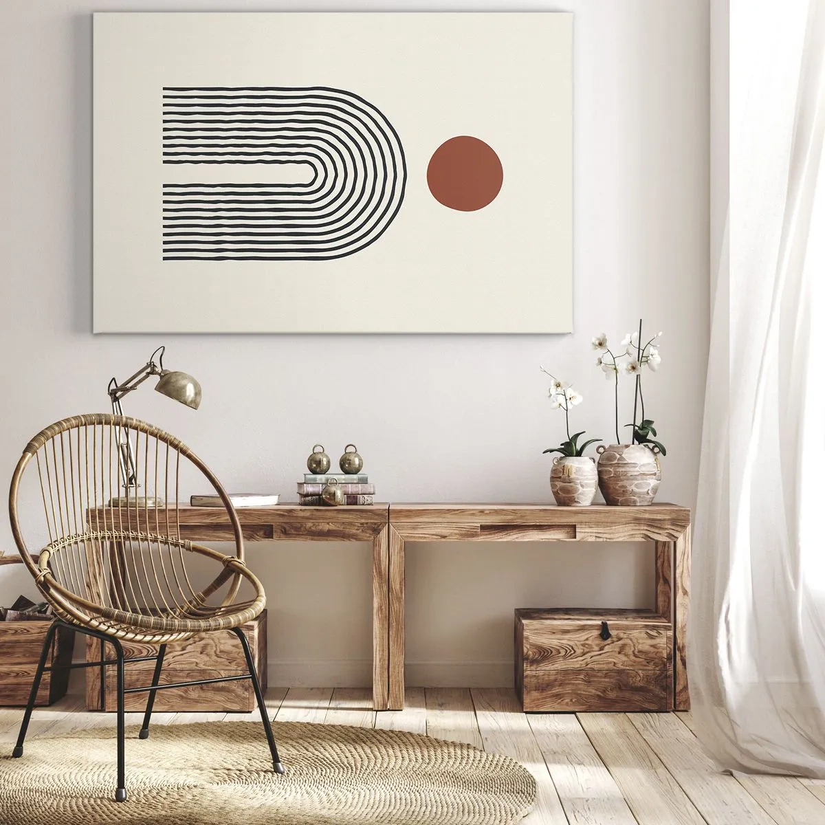Vászonkép - Modern absztrakt minta vonalakkal és egy piros körrel - 70x50cm - Formák és színek vonzalma - Modern fali dekoráció nappalihoz és hálószobához ARTTOR