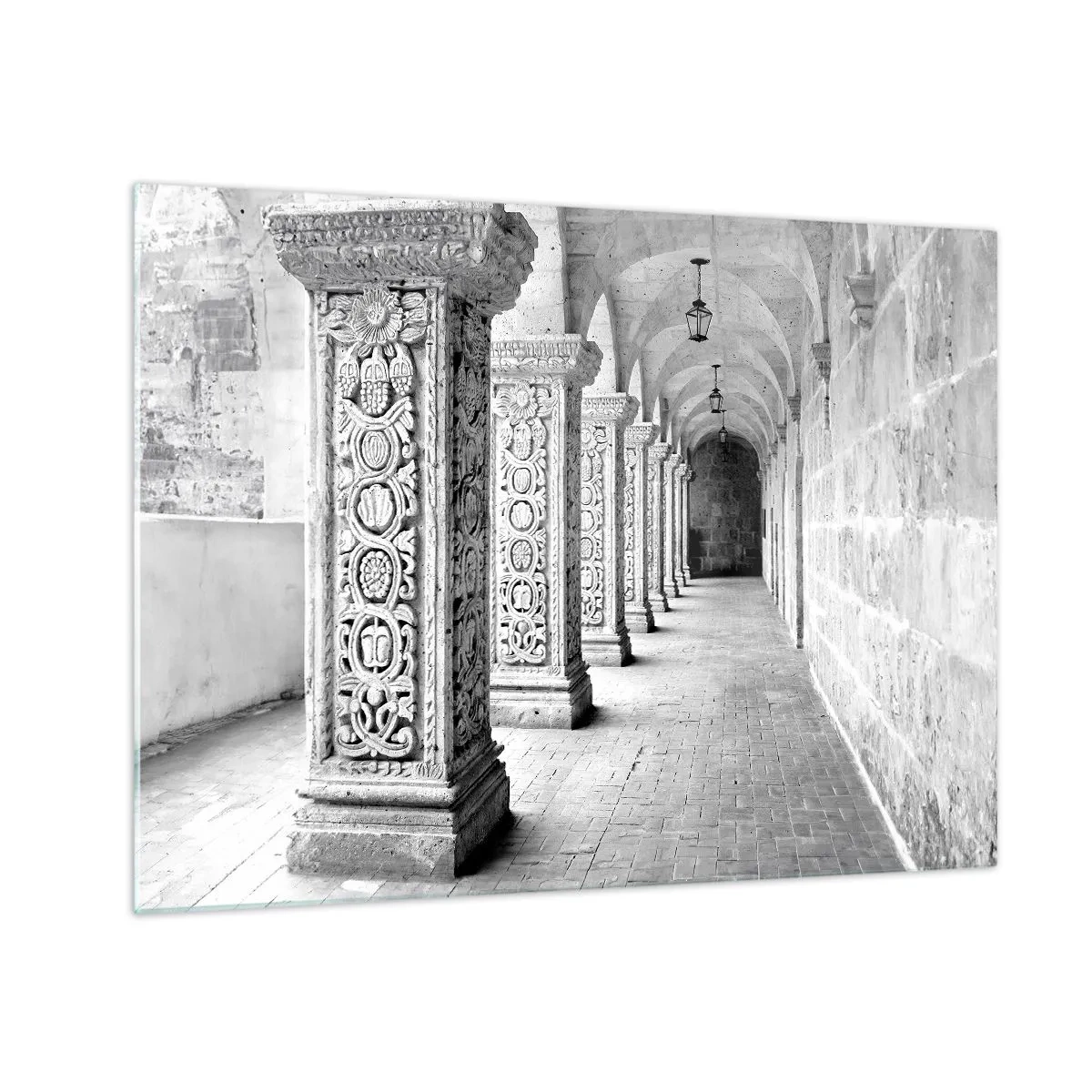Üveg kép - Történelmi kerengő faragott oszlopokkal - 70x50cm - És hová megy...? - Modern fali dekoráció nappalihoz és hálószobához ARTTOR