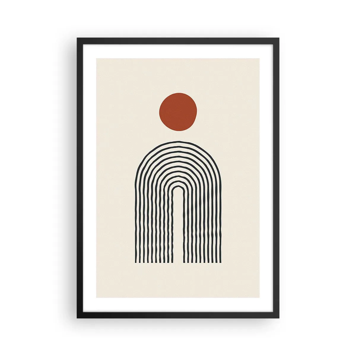Poszter fehér keretben - Geometriai absztrakció lineáris ívvel és piros körrel. - 50x70cm - Formák és színek vonzalma - Modern fali dekoráció nappalihoz és hálószobához ARTTOR