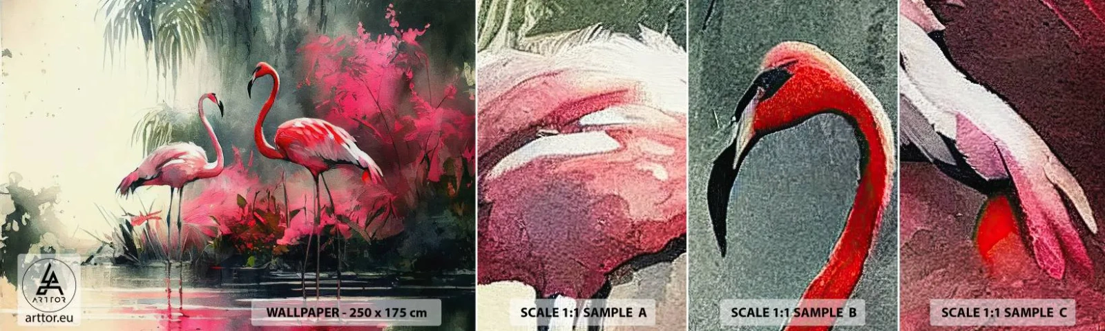 Fotótapéta Minta Standard Eco - Egy lecke a természetes bájról - Flamingók, Darab, Tájkép - 100x30 cm