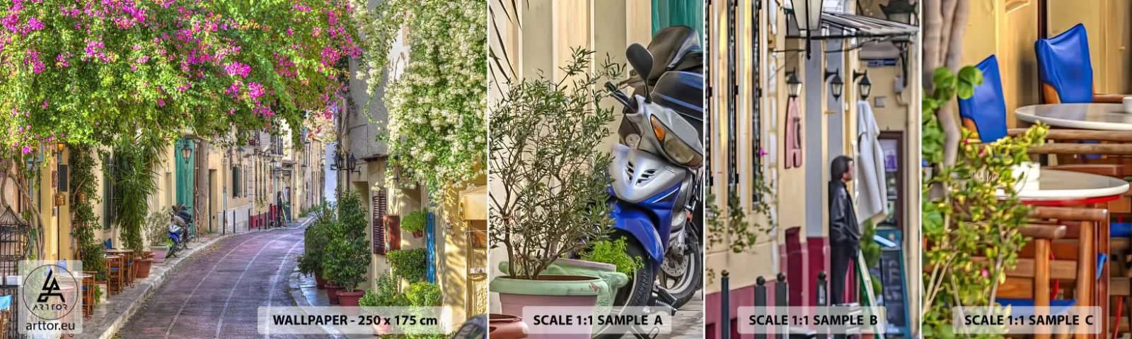 Fotótapéta Minta Standard Eco - Virágzó sikátor - Építészet, Görögország, Város - 100x30 cm