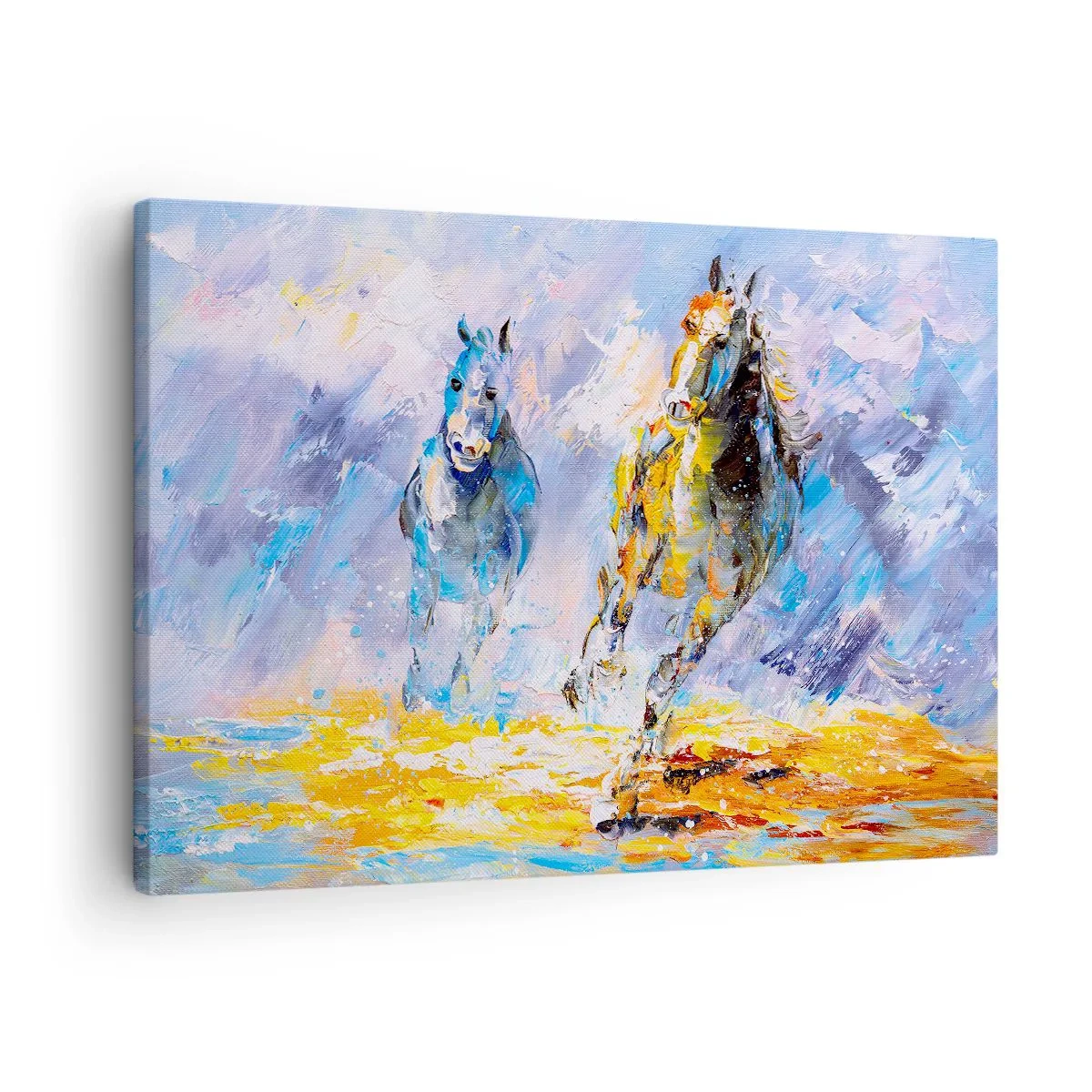 Vászonkép - Két ló mozgásban egy absztrakt táj hátterében - 70x50cm - Átvágtatva a vakító fényen - Modern fali dekoráció nappalihoz és hálószobához ARTTOR