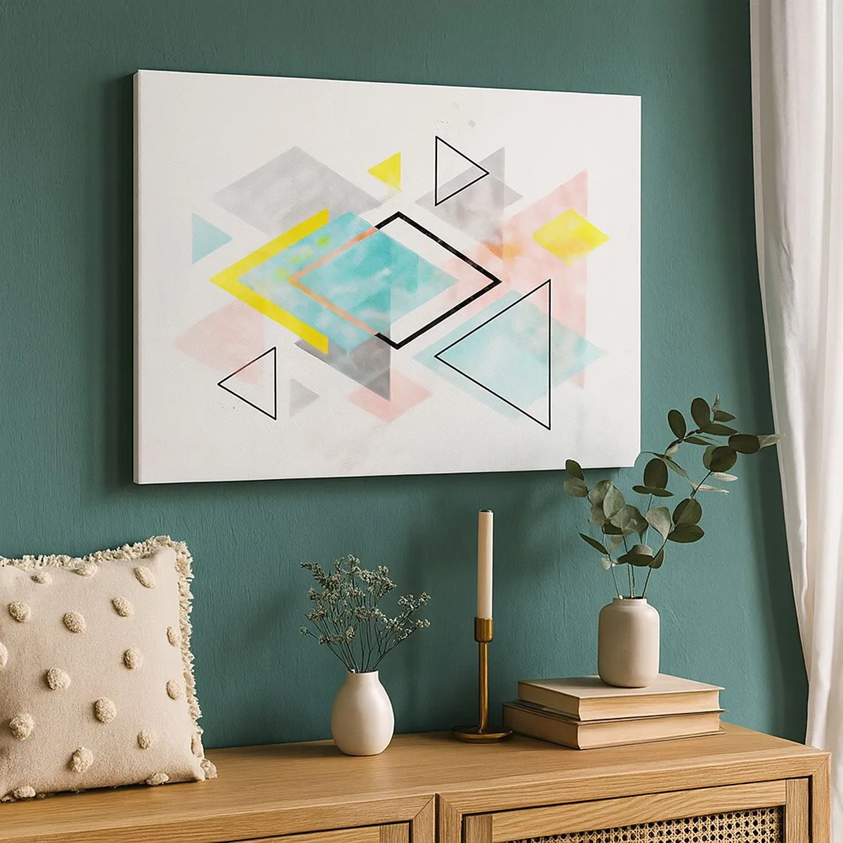 Vászonkép - Színes geometrikus minták fehér alapon - 70x50cm - Geometriai játék - Modern fali dekoráció nappalihoz és hálószobához ARTTOR