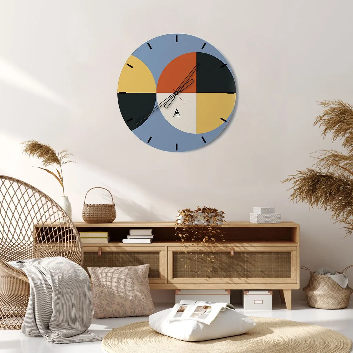 Falióra, Óra - Geometrikus kompozíció színes félkörökkel és négyzetekkel - 30x30cm - Nézd és számolj - Modern fali dekoráció nappalihoz, konyhához és hálószobához ARTTOR