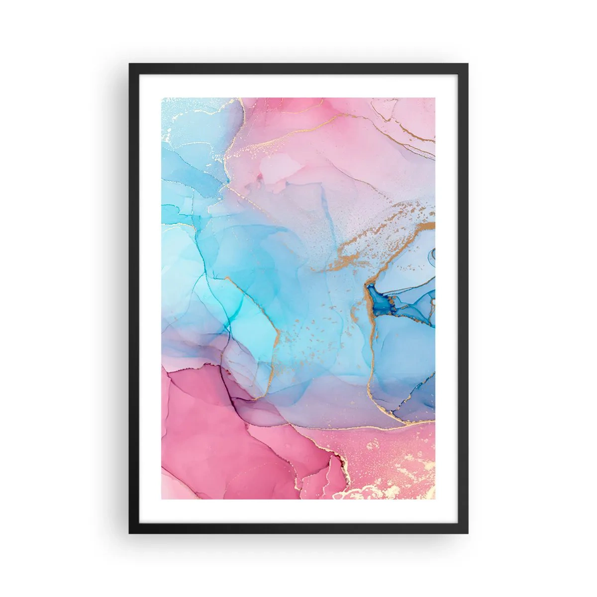 Poszter fehér keretben - Absztrakt foltok rózsaszín, kék és arany árnyalatokban - 50x70cm - Találkozás és átjutás - Modern fali dekoráció nappalihoz és hálószobához ARTTOR