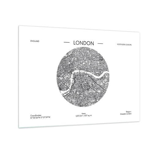 Üveg kép - London részletes térképe grafikus fekete-fehér stílusban. - 70x50cm - London anatómiája - Modern fali dekoráció nappalihoz és hálószobához ARTTOR