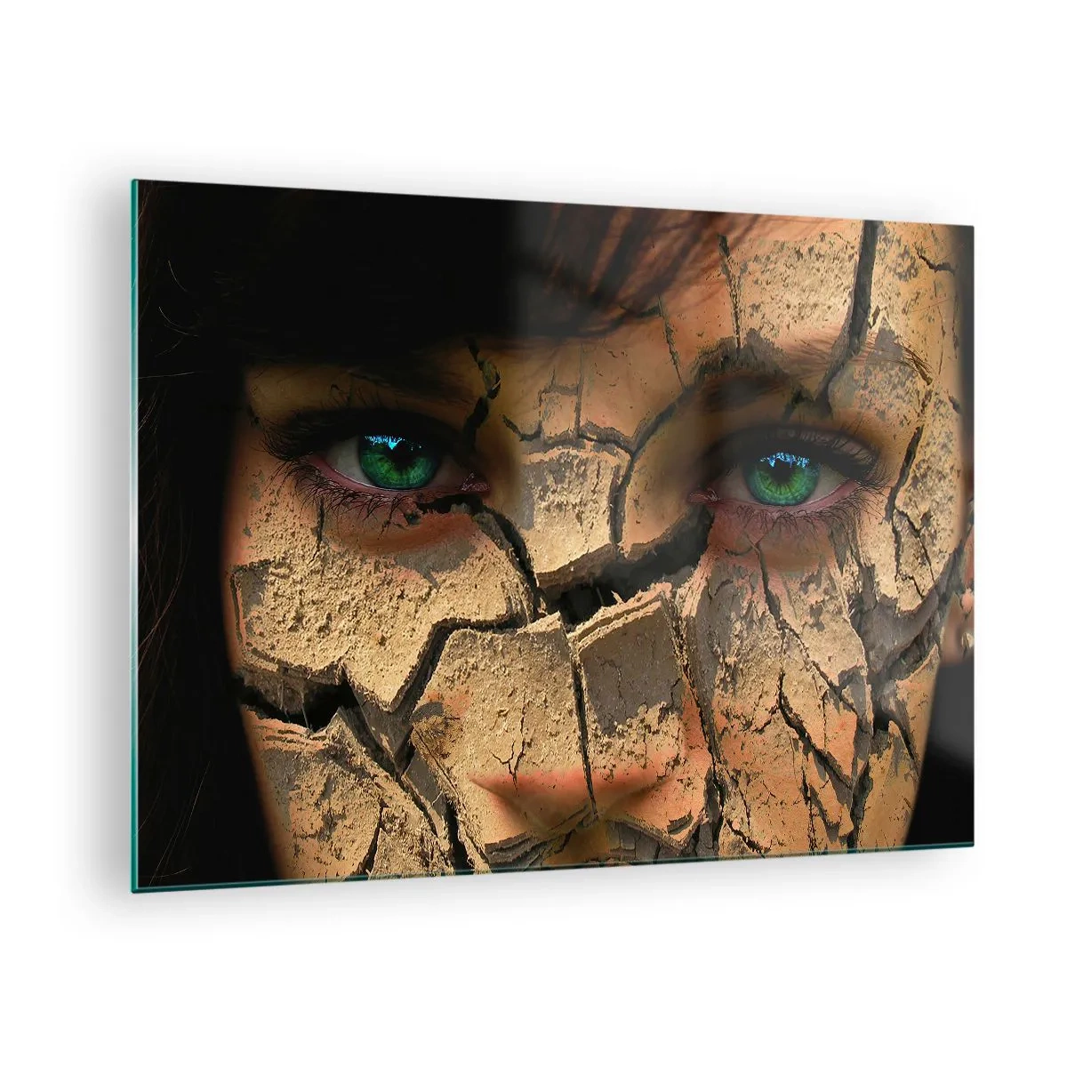 Üveg kép - Egy nő arca repedt föld hatású - 70x50cm - Öröm és borzalom egyszerre - Modern fali dekoráció nappalihoz és hálószobához ARTTOR