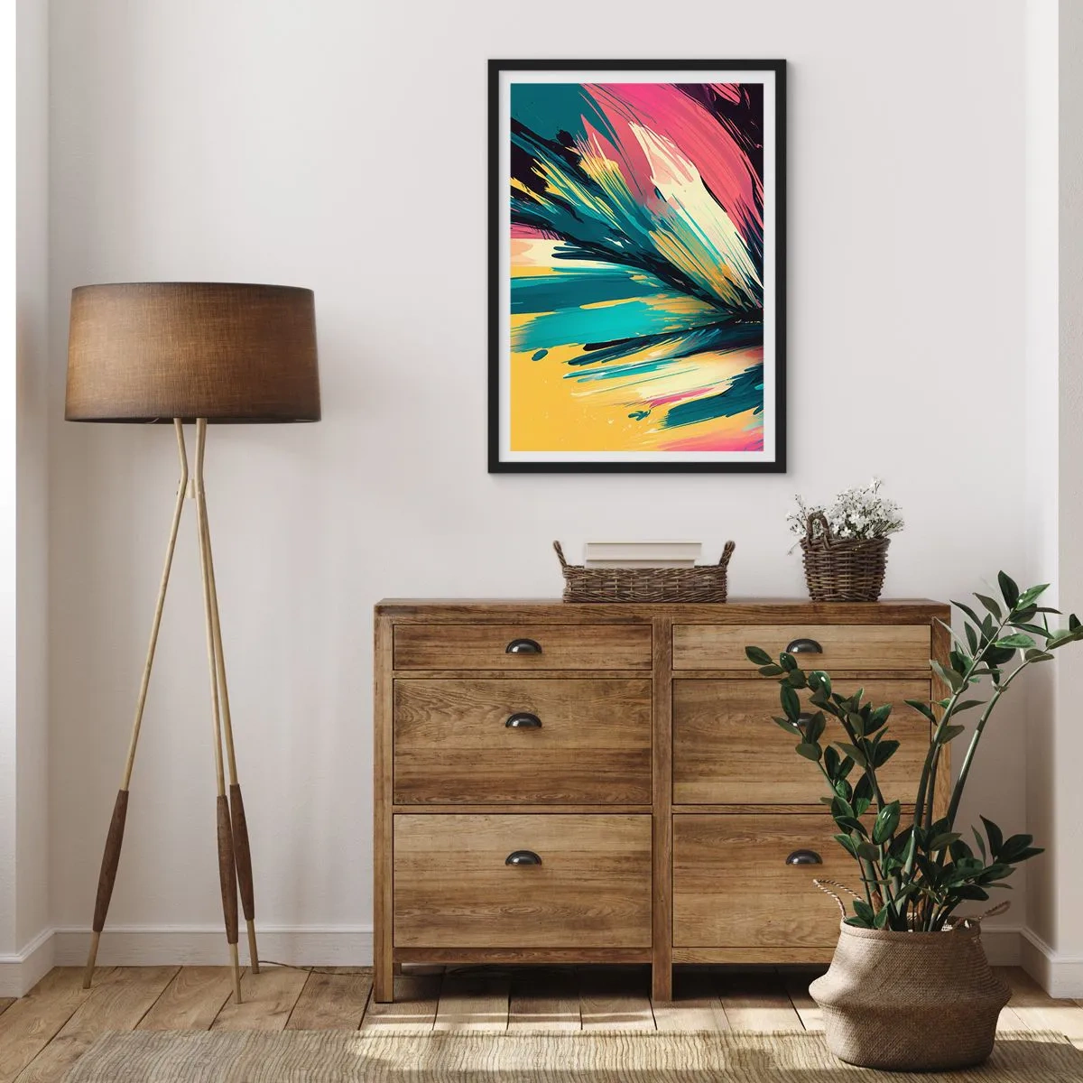 Poszter fehér keretben - Színek absztrakt robbanása dinamikus elrendezésben - 50x70cm - Kompozíció - az öröm robbanása - Modern fali dekoráció nappalihoz és hálószobához ARTTOR