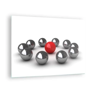 Üveg kép - Egy piros golyó, fehér alapon ezüsttel körülvéve - 70x50cm - Ezüst és piros kör - Modern fali dekoráció nappalihoz és hálószobához ARTTOR