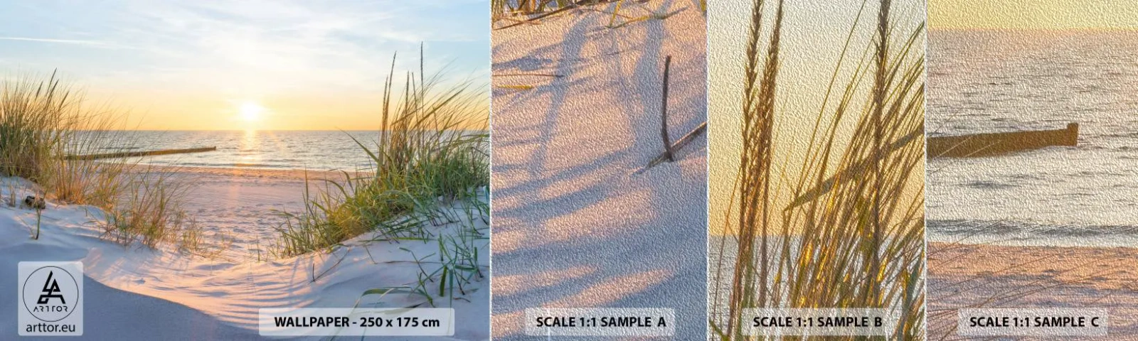 Fotótapéta Minta Premium Sand - A tenger hangja, a madarak éneke, egy vad tengerpart a fű között... - Tájkép, Tenger, Dűnék - 100x30 cm
