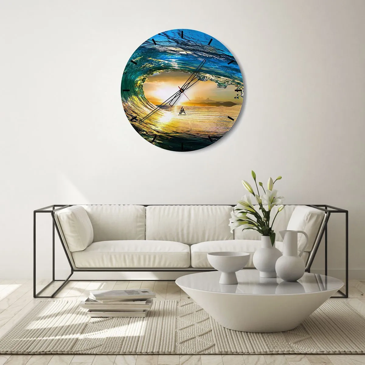 Falióra, Óra - Tengeri hullámok a lenyugvó nap fényében - 30x30cm - Smaragd-arany kristályban - Modern fali dekoráció nappalihoz, konyhához és hálószobához ARTTOR