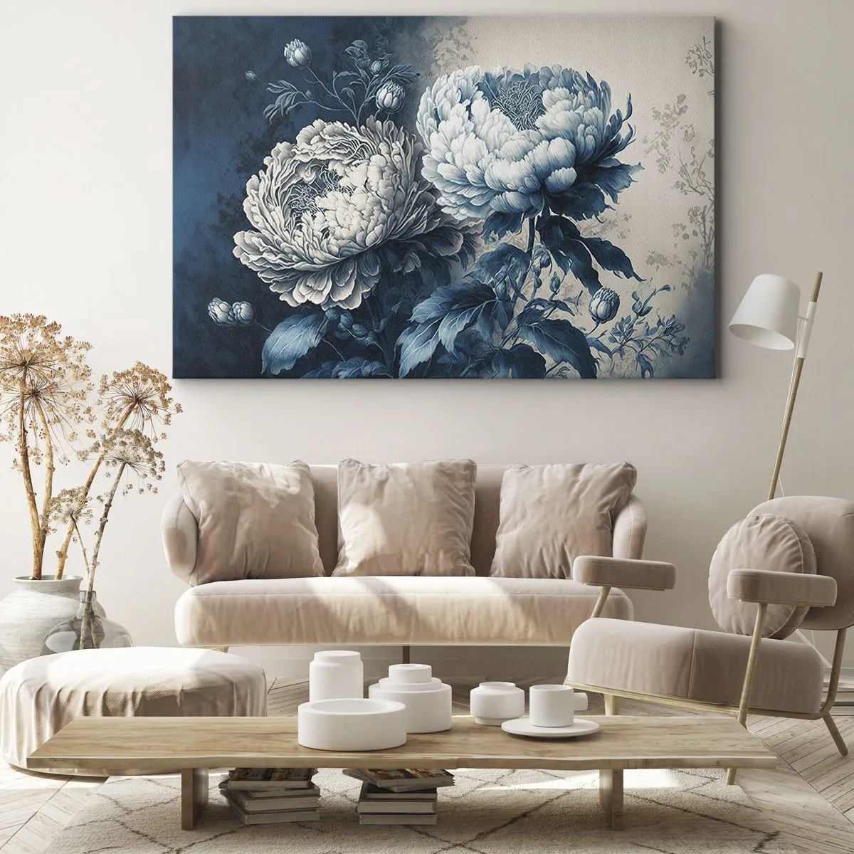 Vászonkép - Kék pünkösdi rózsák finom mintázatú, finom háttéren - 70x50cm - Egy jól összeillő pár - Modern fali dekoráció nappalihoz és hálószobához ARTTOR