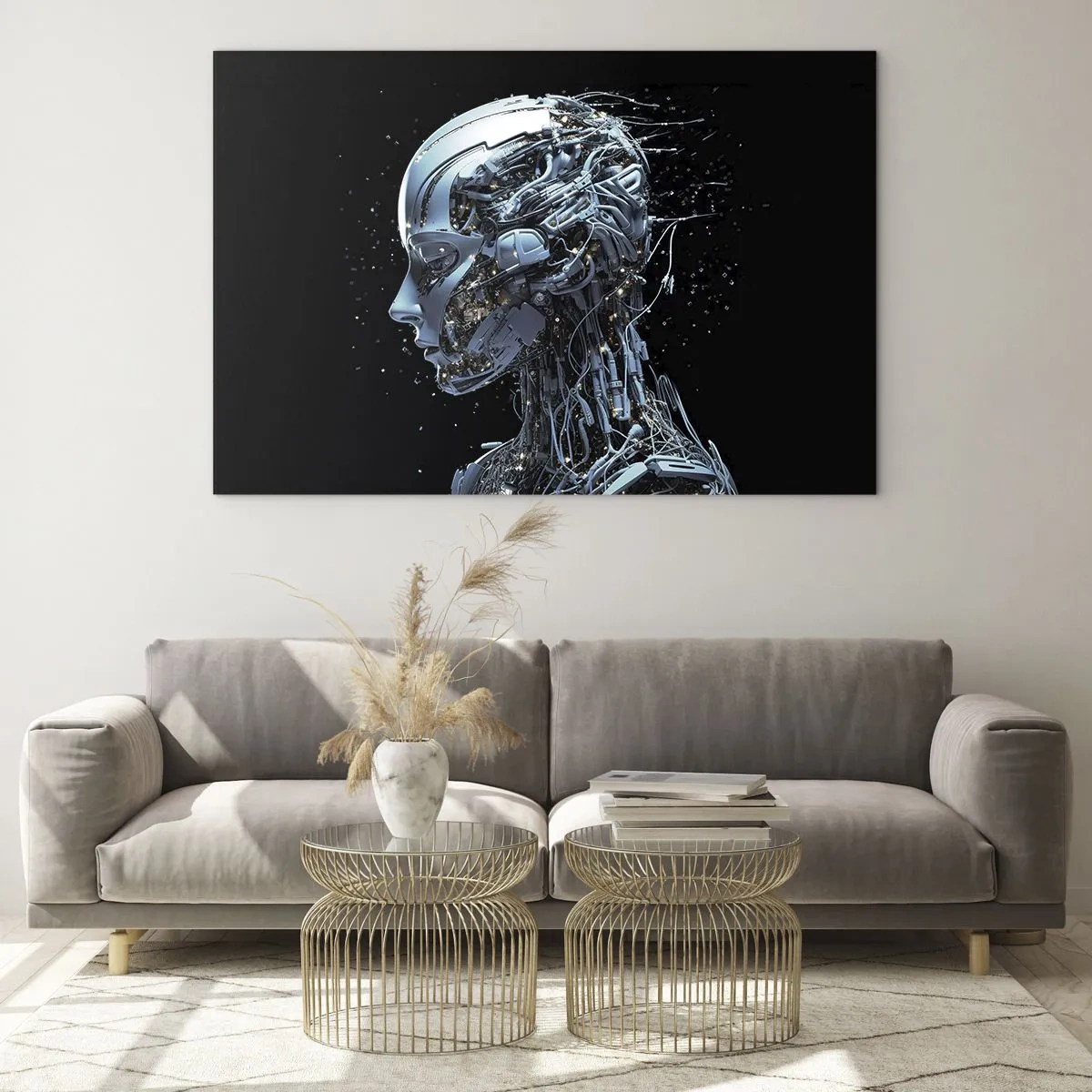 Üveg kép - Női robot profilja vezetékekkel és mechanizmusokkal - 70x50cm - A technológia egy nő - Modern fali dekoráció nappalihoz és hálószobához ARTTOR