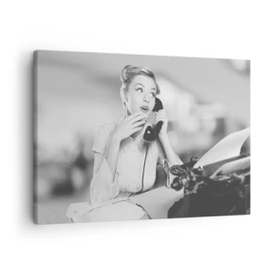 Vászonkép - Egy nő telefonál egy írógépnél - 70x50cm - Hello, itt az 50-es évek. - Modern fali dekoráció nappalihoz és hálószobához ARTTOR