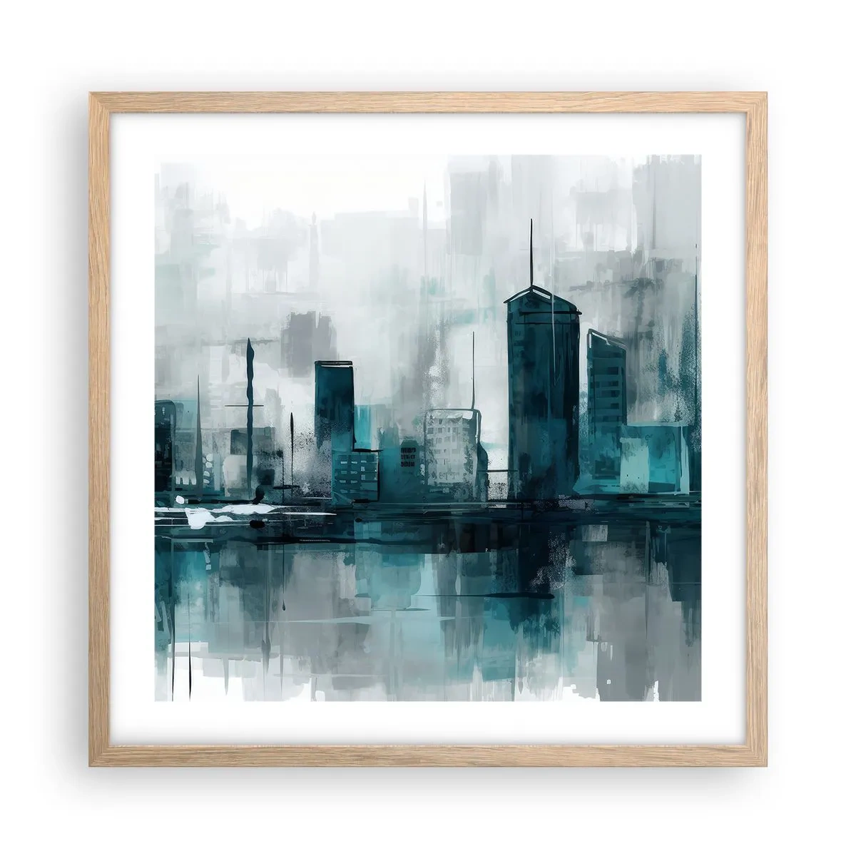 Poszter világos tölgy keretben - Esőszínű város - 50x50 cm