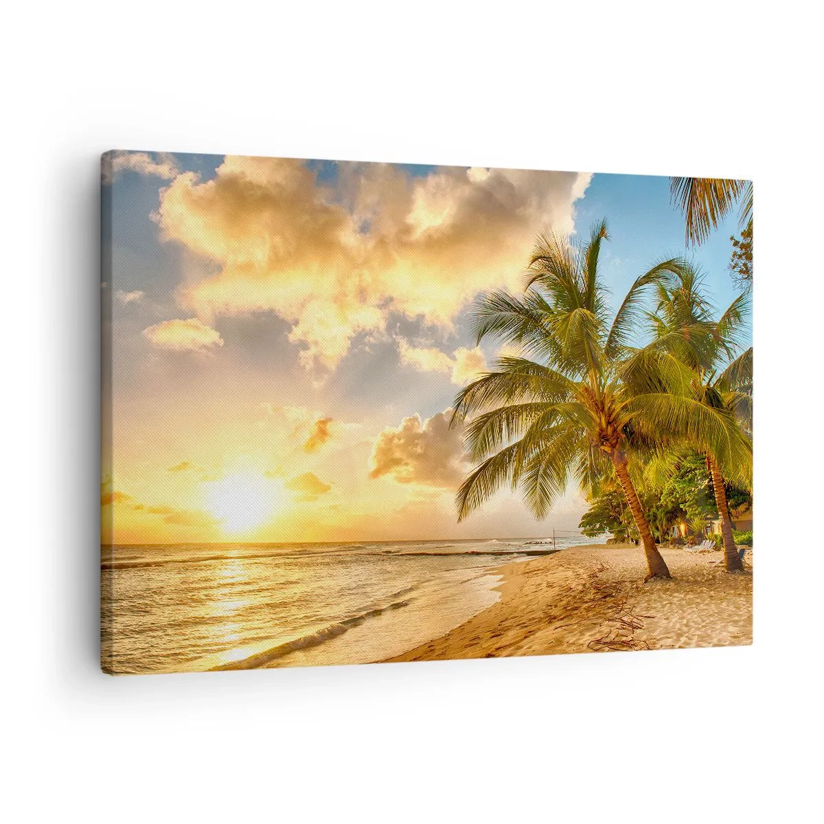 Vászonkép - Pálmafákkal teli strand és naplemente az óceán felett - 70x50cm - Örök nyár, mindig vakáció - Modern fali dekoráció nappalihoz és hálószobához ARTTOR