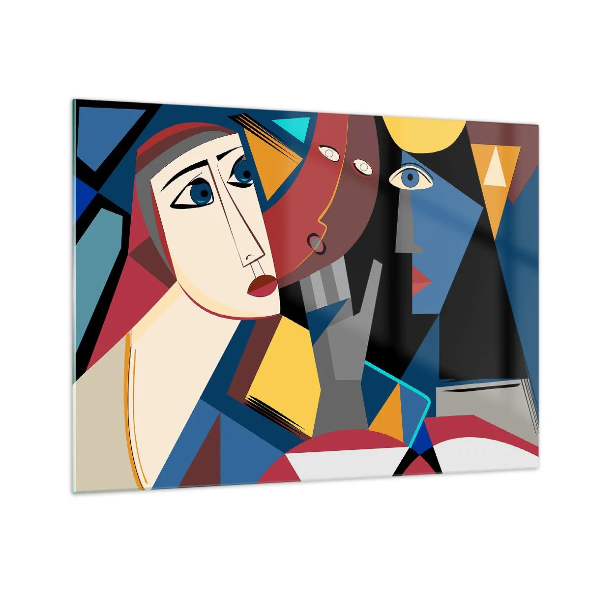 Üveg kép - Kubista arcok intenzív színekben - 70x50cm - Kubisták beszélgetése - Modern fali dekoráció nappalihoz és hálószobához ARTTOR