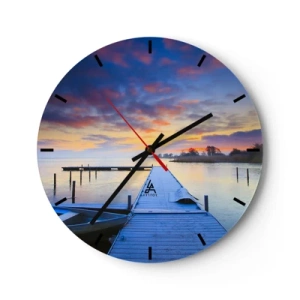 Falióra, Óra - Lakeside móló napkeltekor - 30x30cm - Lila-arany nyugalom - Modern fali dekoráció nappalihoz, konyhához és hálószobához ARTTOR