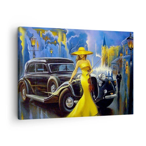 Vászonkép - Egy sárga ruhás nő hegedűvel egy retró autó mellett. - 70x50cm - Noktürn a hegedűre és a szerelemre - Modern fali dekoráció nappalihoz és hálószobához ARTTOR