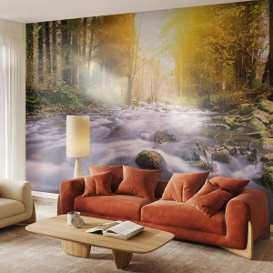 Öntapadós Fotótapéta Deluxe Sticker - Malachit ezüst és arany keretben - Tájkép, Hegyi patak, Erdő - 100x70 cm