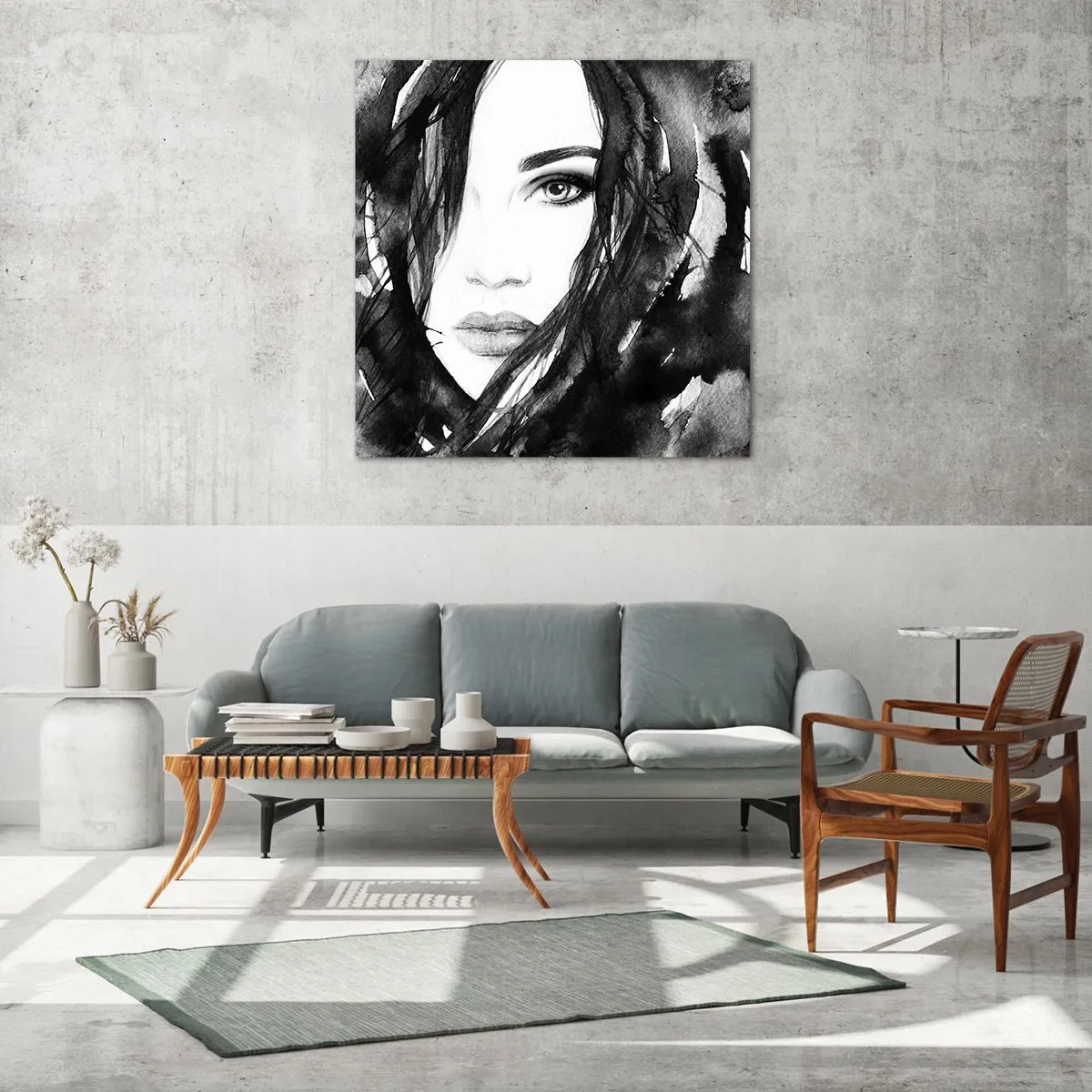 Üveg kép - Fekete-fehér hölgy portréja - 70x70 cm