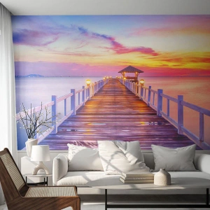 Fotótapéta Premium Sand - Az est lilás-arany csendje - Tájkép, Tenger, öböl - 500x350 cm