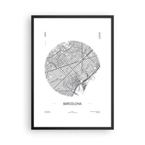 Poszter fehér keretben - Barcelona minimalista fekete-fehér térképe. - 50x70cm - Barcelona anatómiája - Modern fali dekoráció nappalihoz és hálószobához ARTTOR