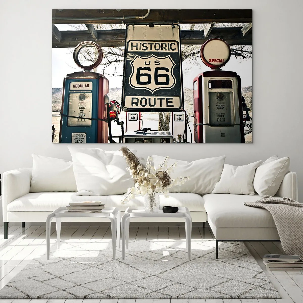 Üveg kép - Vintage benzinkutak és a 66-os út tábla - 70x50cm - Amerikai retro utazás - Modern fali dekoráció nappalihoz és hálószobához ARTTOR