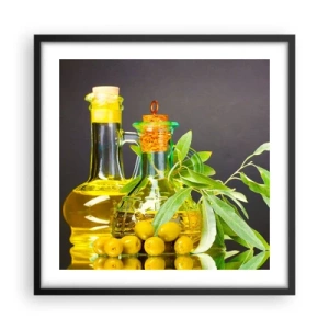 Poszter fehér keretben - Csendélet olívabogyóval és olívaolajjal - 50x50 cm
