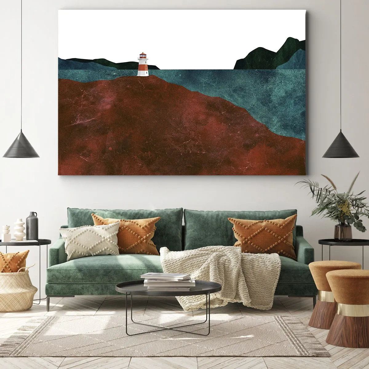 Vászonkép - Egy világítótorony a hegyek és a tenger hátterében - 70x50cm - A tengerre bámulva - Modern fali dekoráció nappalihoz és hálószobához ARTTOR